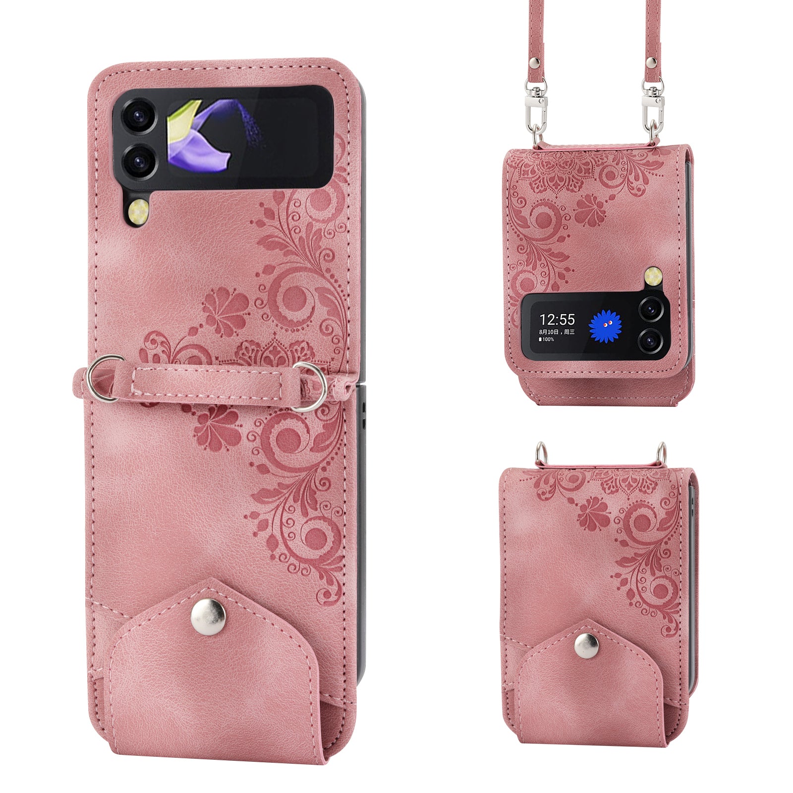 For Samsung Galaxy Z Flip6 5G Leather Case Multiple Card Slots Phone Cover with Shoulder Strap - Pink For Samsung Galaxy Z Flip6 5G Leather Case Multiple Card Slots Phone Cover with Shoulder Strap - Pink